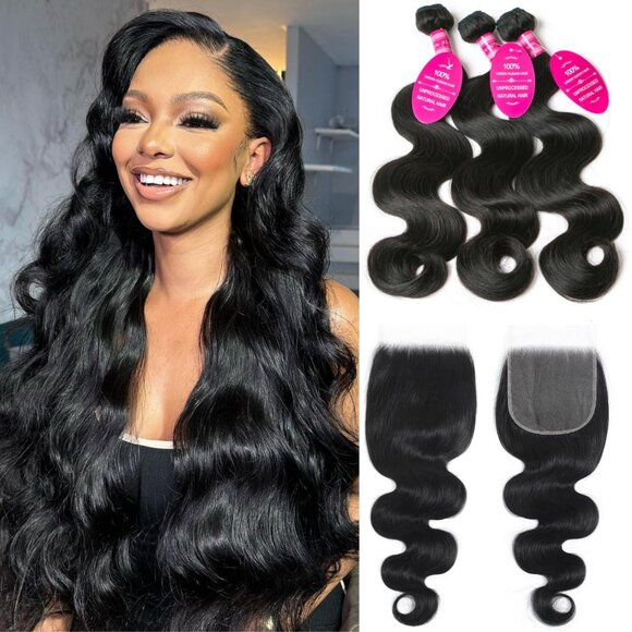 Body Wave Human Hair Bundles with Closure 22 24 26 + 20 Inches Virgin Remy - Picture 1 of 7